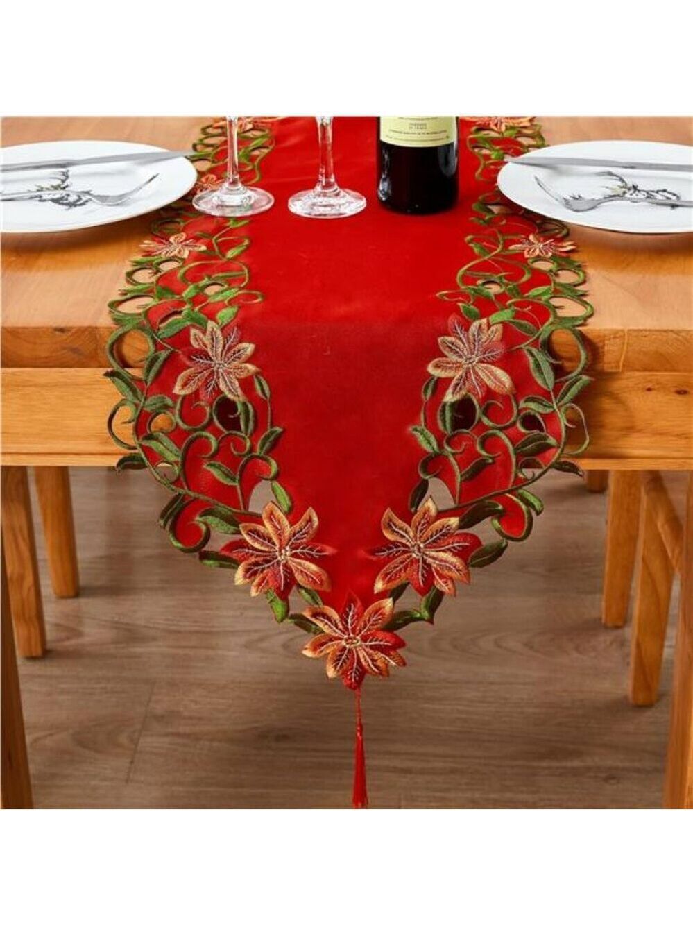 Christmas embroidered table runner red poinsettia green leaves holiday decor 69